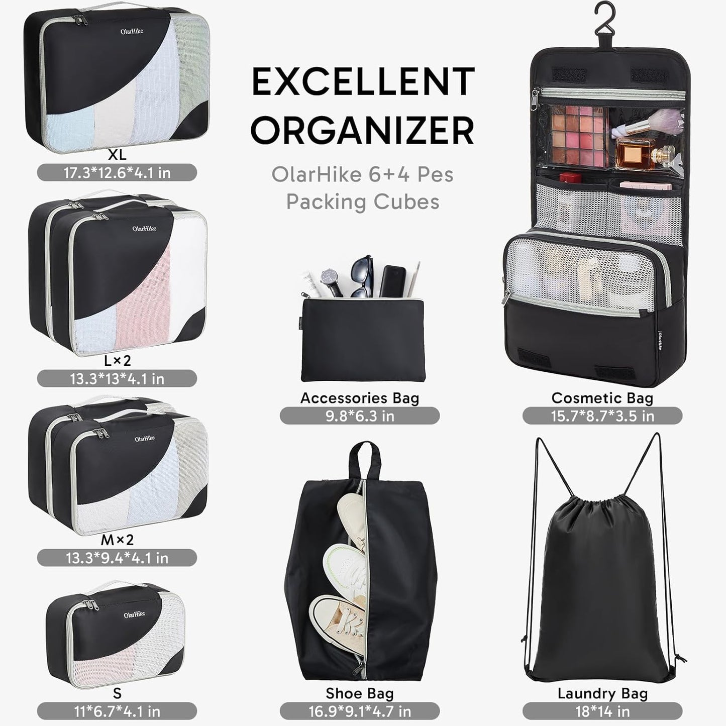 ALL INCLUDED 10 Set Durable Packing Cubes for Suitcases,OlarHike Essentials for Travel,UPGRADED Anti-Tear Stitching, NEW Improved Luggage Packing Organizers for Travel Accessories (Black)