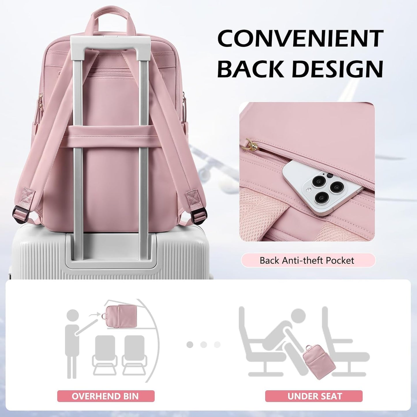Slim Laptop Backpack for Women, Lightweight Business Backpack for Women Computer Bag Purse for Commuting, Fit 17.3 Inch, Pink