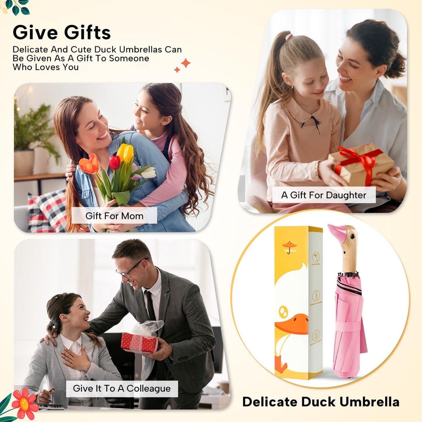 LEAGERA Compact Small Umbrellas for Rain&Sun, Cute Design Duck Head Umbrella for Girls Gifts, 8 Ribs Folding Umbrella with Wooden Handle