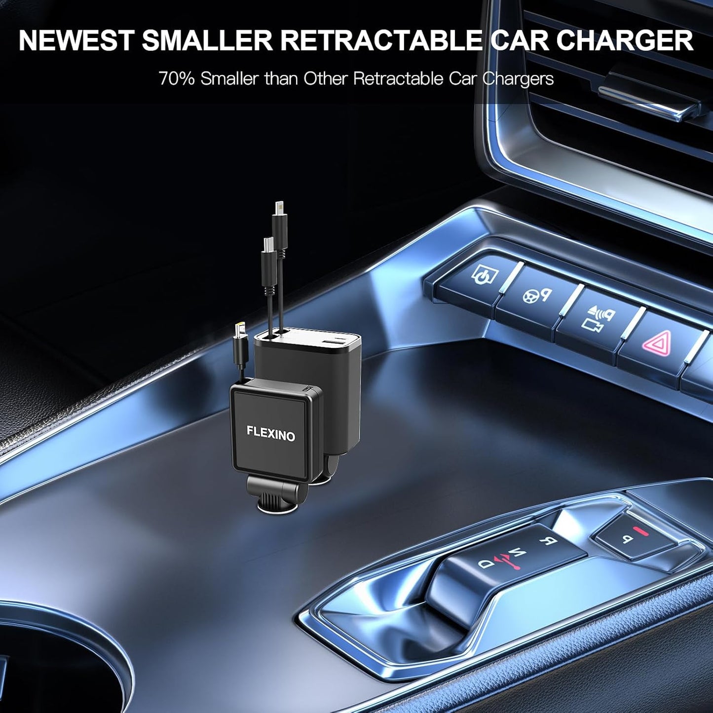 Flexino 【Ultra-Slim】 Retractable Car Charger for iPhone 16, Fast Charging Car Chargers, USB C Car Charger Adaptor, Cigarette Lighter Adapter for iPhone 16/15 Series, Galaxy, Pixel (Black 2 Packs)