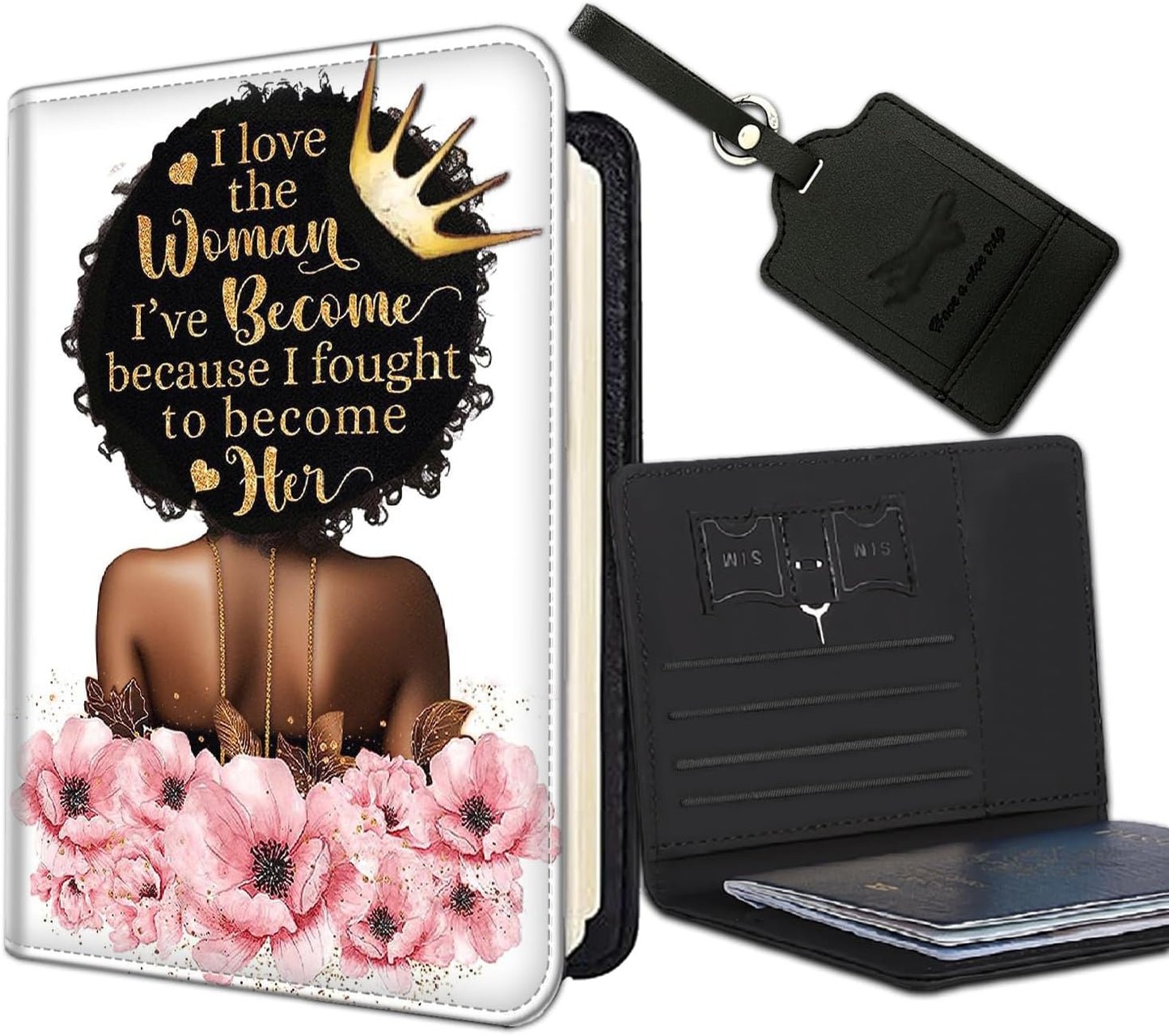 Passport Holder Women Wallet with Luggage Tag, Leather Passport Cover with RFID Blocking, Travel Accessories Multi Card Slot Passport Case for Men，Black Crown Girl Pink Flower