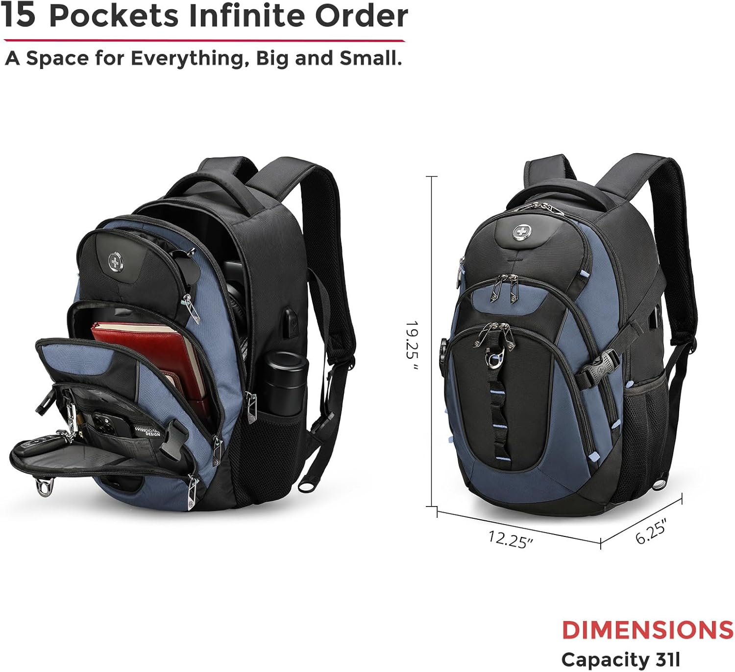 Swissdigital Design Laptop Backpack with USB Charging Port, Travel Backpack Fits 15.6 inches