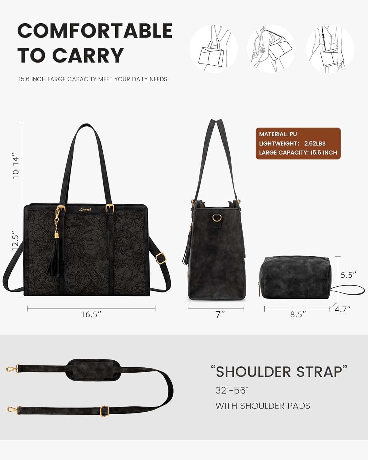 LOVEVOOK Laptop Bag for Women Vintage Leather Laptop Tote 15.6 inch Large Capacity Computer bag