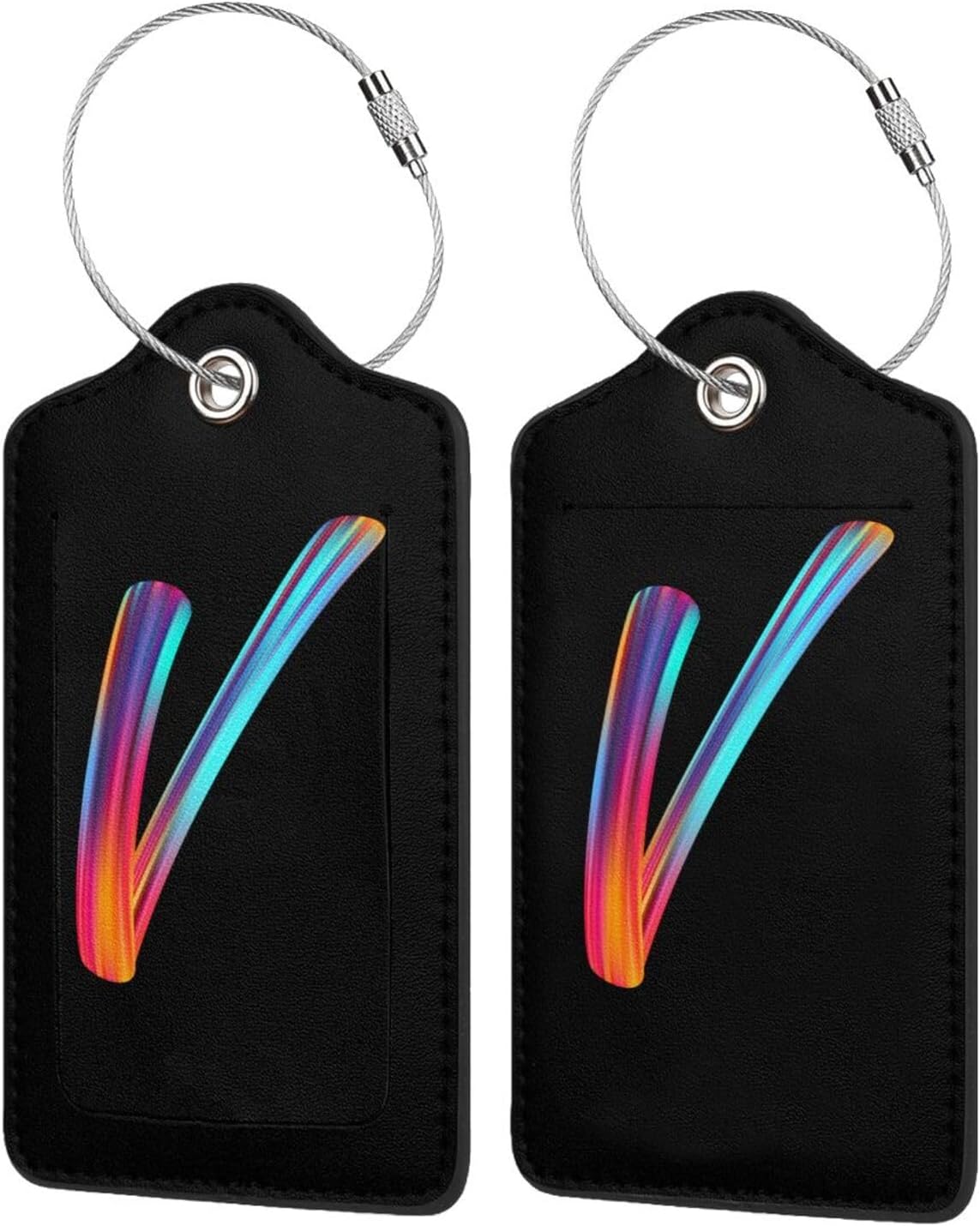 2 Pack Initial Luggage Tags for Suitcase, Colorful Letter Design Cruise Name Bag Tags, Novelty Baggage Identifiers with Full Privacy Cover, Leather ID Label for Women Men Kids Travel, Rainbow Letter V