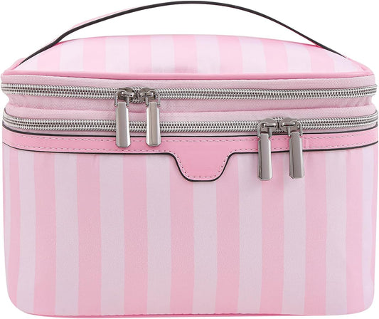 uekeboag Pink Stripe Nylon Travel Makeup Organizer Bag With Brush Slot,Top Open Large Capacity Cosmetic Bags,Toiletries Accessories Coquette Bag for Women Girls(03Top Open)