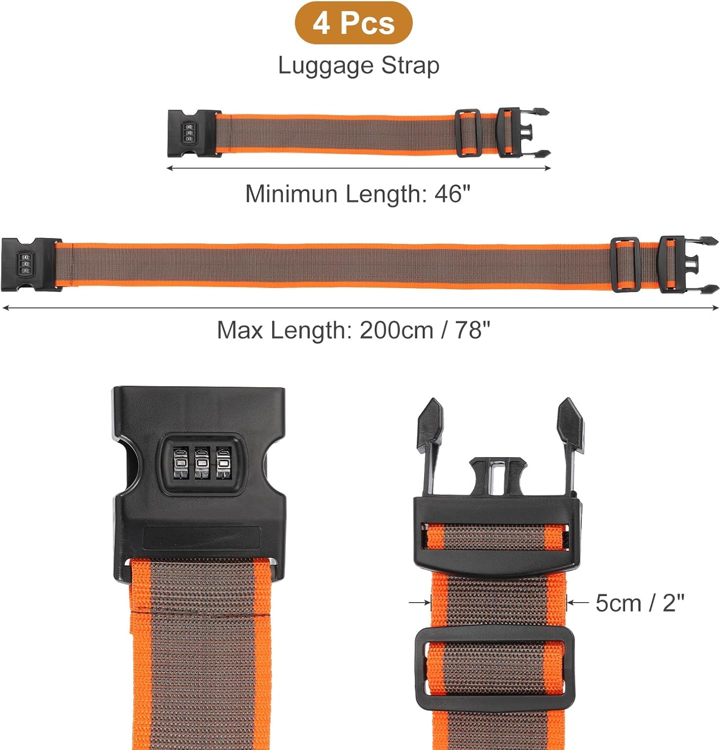 MECCANIXITY Luggage Straps with Combination Lock Adjustable Suitcase Belt Strap for Suitcase Briefcase Backpack Travel, Gray-Orange, Pack of 4