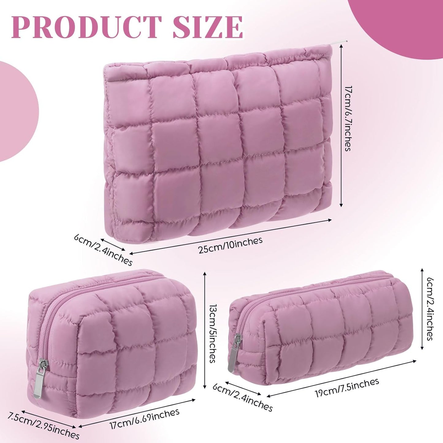 3 Pcs Puffy Makeup Bag Quilted Cosmetic Pouch for Women Cute Checkered Travel Toiletry Bag Puffer Makeup Organizer Purse Pouch Preppy Pencil Case with Zipper(Nude Pink)