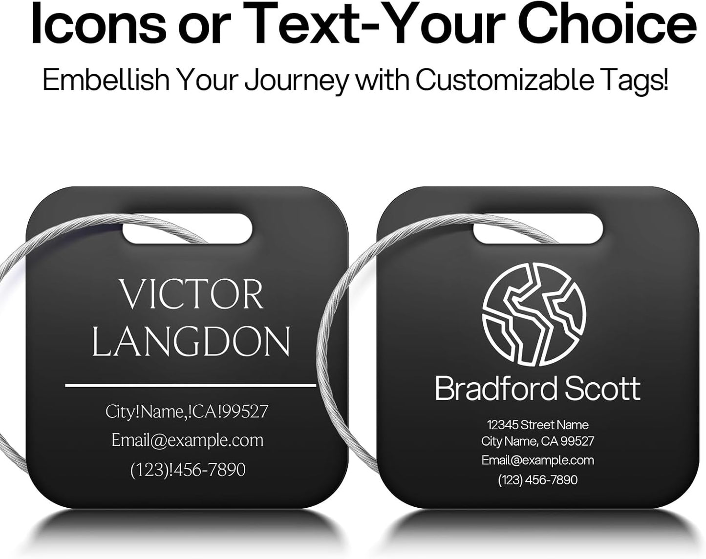 Initial Personalized Luggage Tags for Suitcases - Laser Engraved Stainless Steel Custom Name ID Tag for Backpack and Bag Kids, Women - Metal Baggage Tags Travel Essentials Accessories(Square-Black)