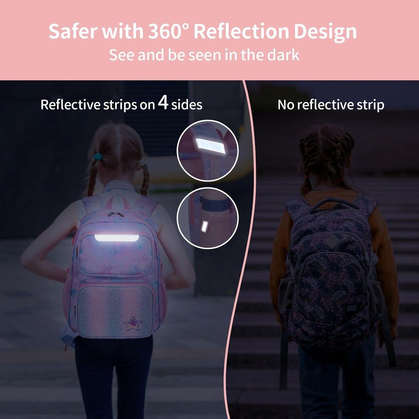 Kids Backpack for Girls - 15 Inch Backpack for Kids 3 to 8, Lightweight Bookbag for Preschool Kindergarten Elementary School, Insulated Pocket, Safe Reflective Stripe, Pink Tie-dye