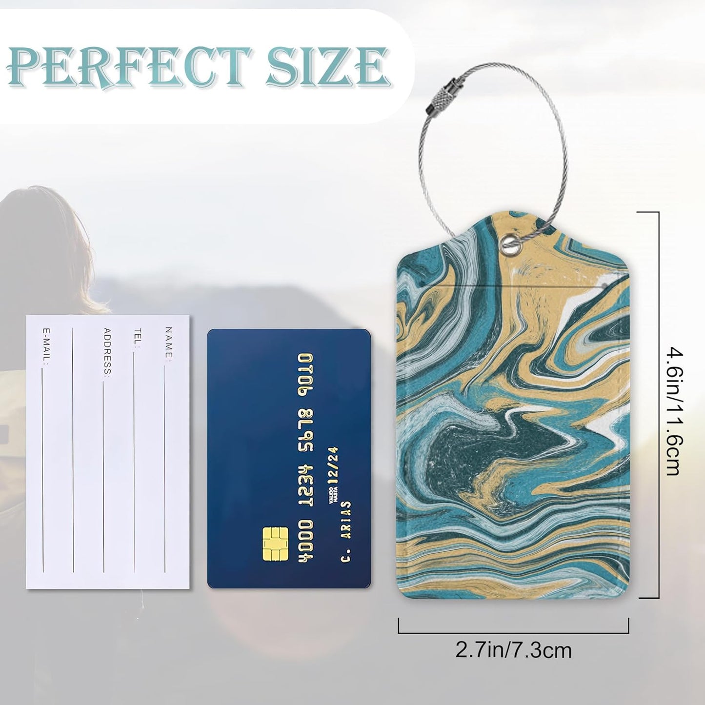 Luggage Tags for Suitcase,2 Pack Blue Gold Marble Luggage Tag PU Leather Privacy Cover ID Label with Stainless Steel Loop for Women Men Teens Travel