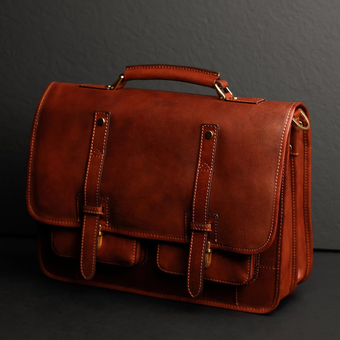 Time Resistance Leather Briefcase – Italian Handmade Leather Laptop Bag – Briefcase Convertible