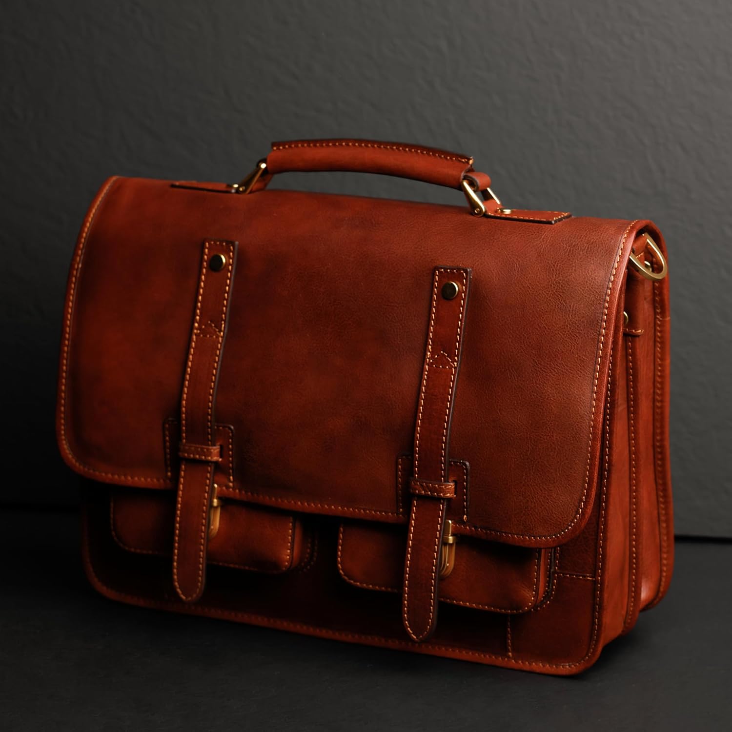 Time Resistance Leather Briefcase – Italian Handmade Leather Laptop Bag – Briefcase Convertible