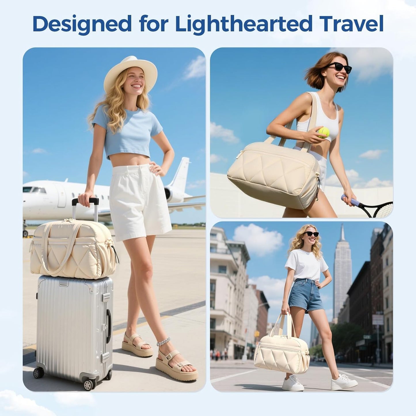 Gym Bag for Women, Puffer Travel Duffle Bag With Shoes Compartment & Wet Pocket, Carry On Tote Bag For Weekender, Overnight, Sport (Beige)
