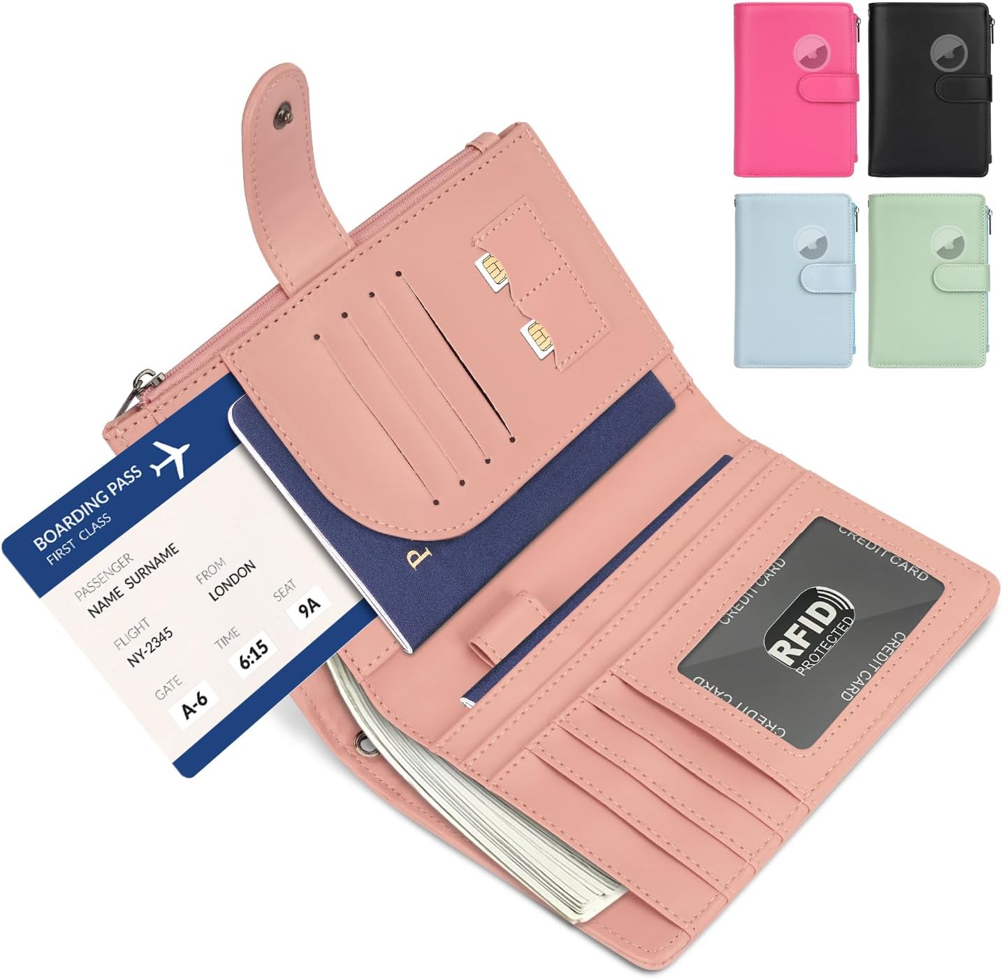 RFID Passport Holder for Women/Men Travel Gift, Large Capacity Passport Wallet, Family Travel Documents Organizer with Card/Airtag Slots, Zipper coin pocket, Cash Holder Passport Cover Case(Baby Pink)