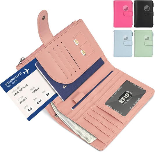 RFID Passport Holder for Women/Men Travel Gift, Large Capacity Passport Wallet, Family Travel Documents Organizer with Card/Airtag Slots, Zipper coin pocket, Cash Holder Passport Cover Case(Baby Pink)