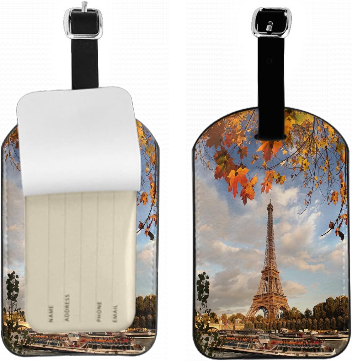 Paris Leather Luggage Tags Eiffel Tower France Autumn Fallen Trees Romantic Business Card Holder Travel ID Bag Tag for Travel Luggage Baggage Identifier, 1 Pack