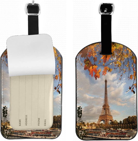Paris Leather Luggage Tags Eiffel Tower France Autumn Fallen Trees Romantic Business Card Holder Travel ID Bag Tag for Travel Luggage Baggage Identifier, 1 Pack
