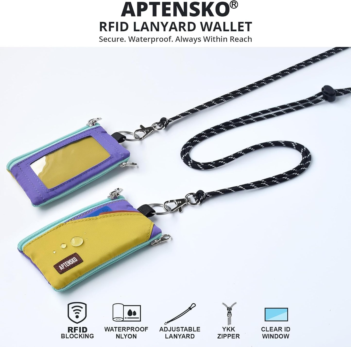 RFID Travel Wallet with Adjustable Lanyard-Zipper Small Wallet with ID Card Holder, Keychain for
