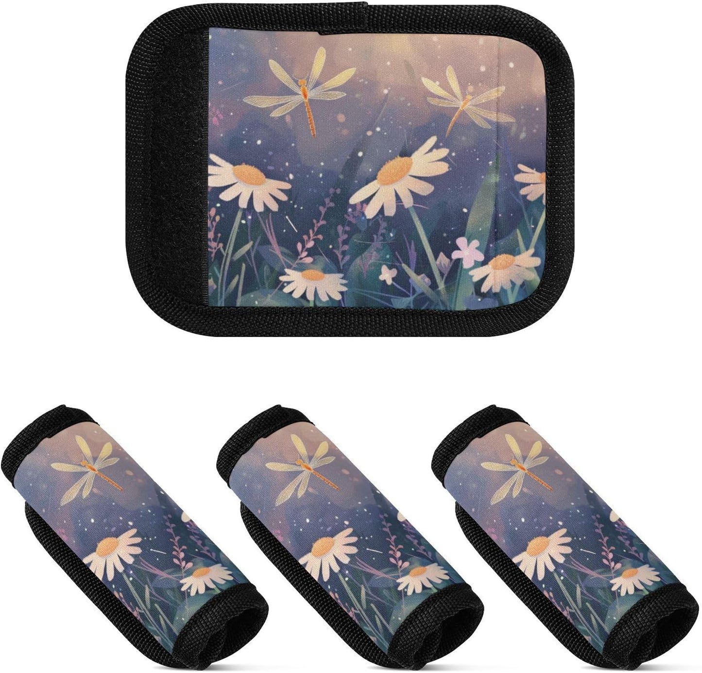 2Pcs Luggage Handle Wrap Suitcase Identifier Handle Covers Tags Soft Travel Bags Luggage Handle Gripper Accessories for Airplane Flying Dragonfly and Daisy