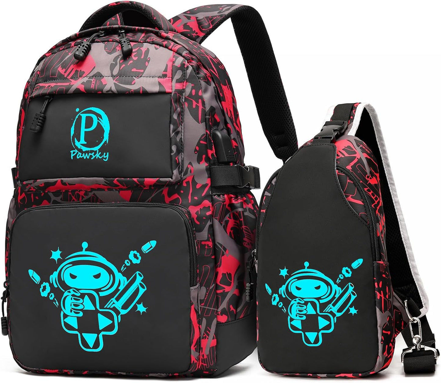 School Backpack with USB Charging Port for Teen Boys, Anime Luminous Backpack College School Bookbag Lightweight Laptop Bag with Sling Bag Set, Red