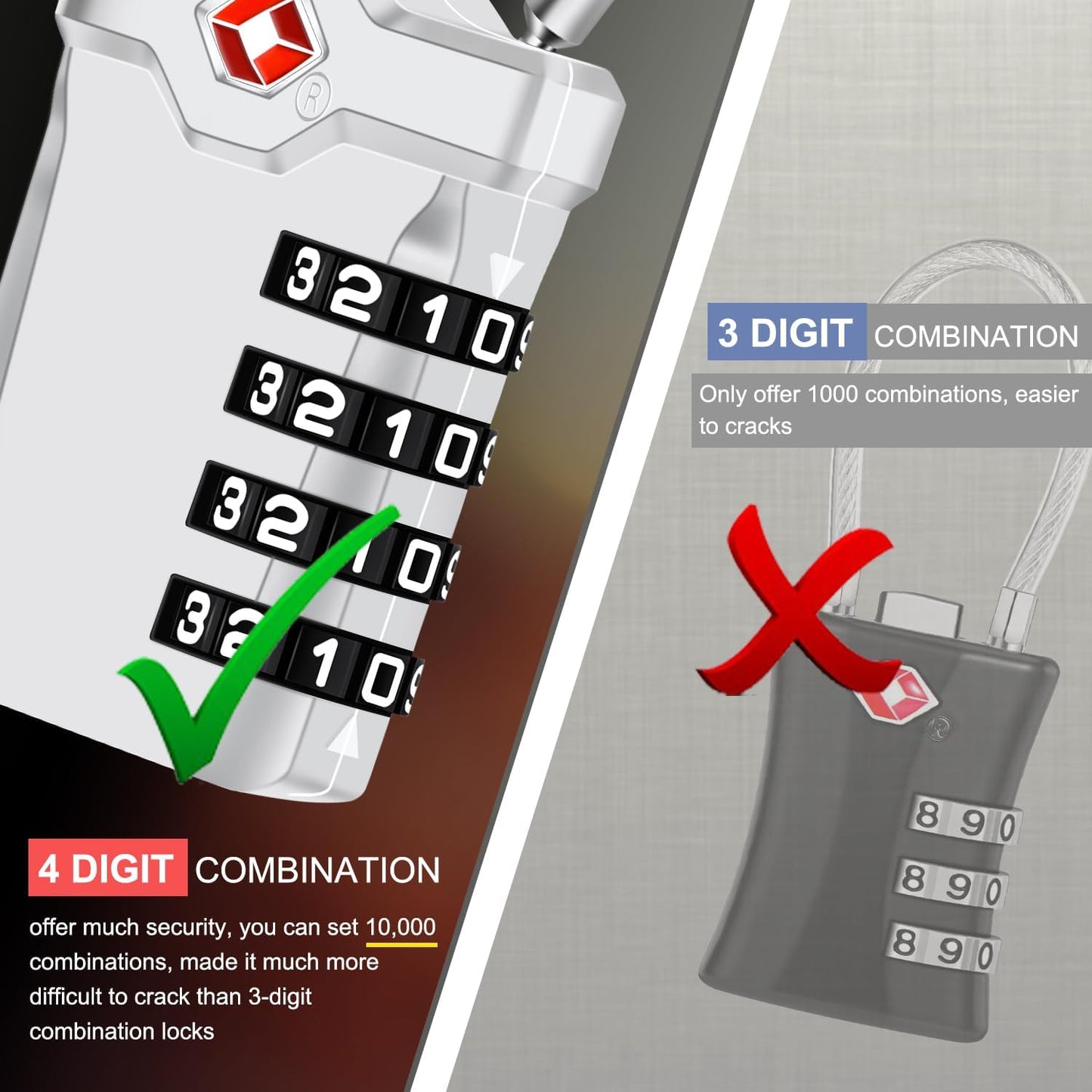 2 Packs TSA Luggage Locks with 14cm Flexible Cable, Diyife 4-Digit Combination Travel Lock Security Padlock for Suitcase Luggage Backpack School or Gym Cabinet, etc. (Silver)
