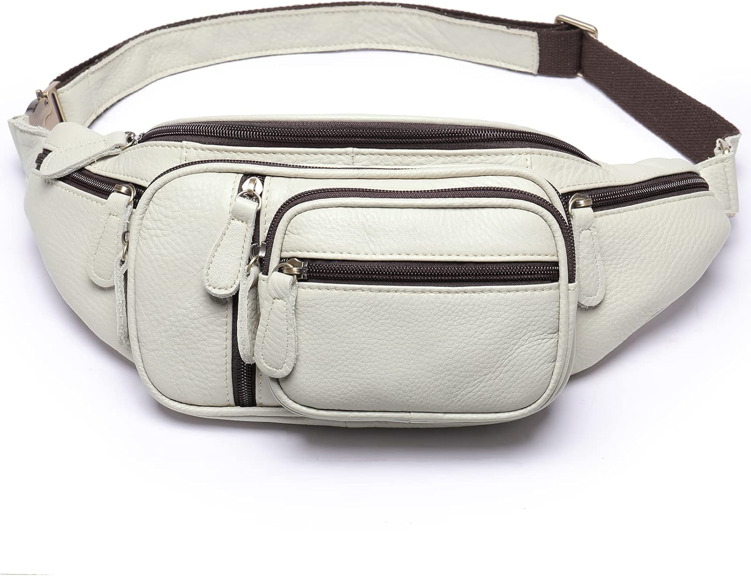 Genuine Leather Fanny Pack large capacity Crossbody Waist Bag with Zipper phone Pockets white