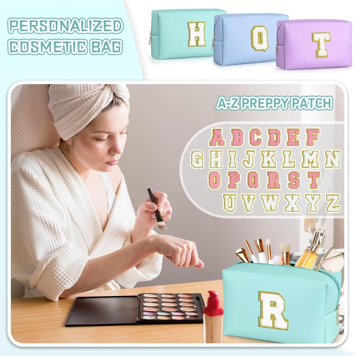 TOPEAST Preppy Patch Makeup Bag, Chenille Letter Pouch Cosmetic Bag, PU Leather Waterproof Toiletry