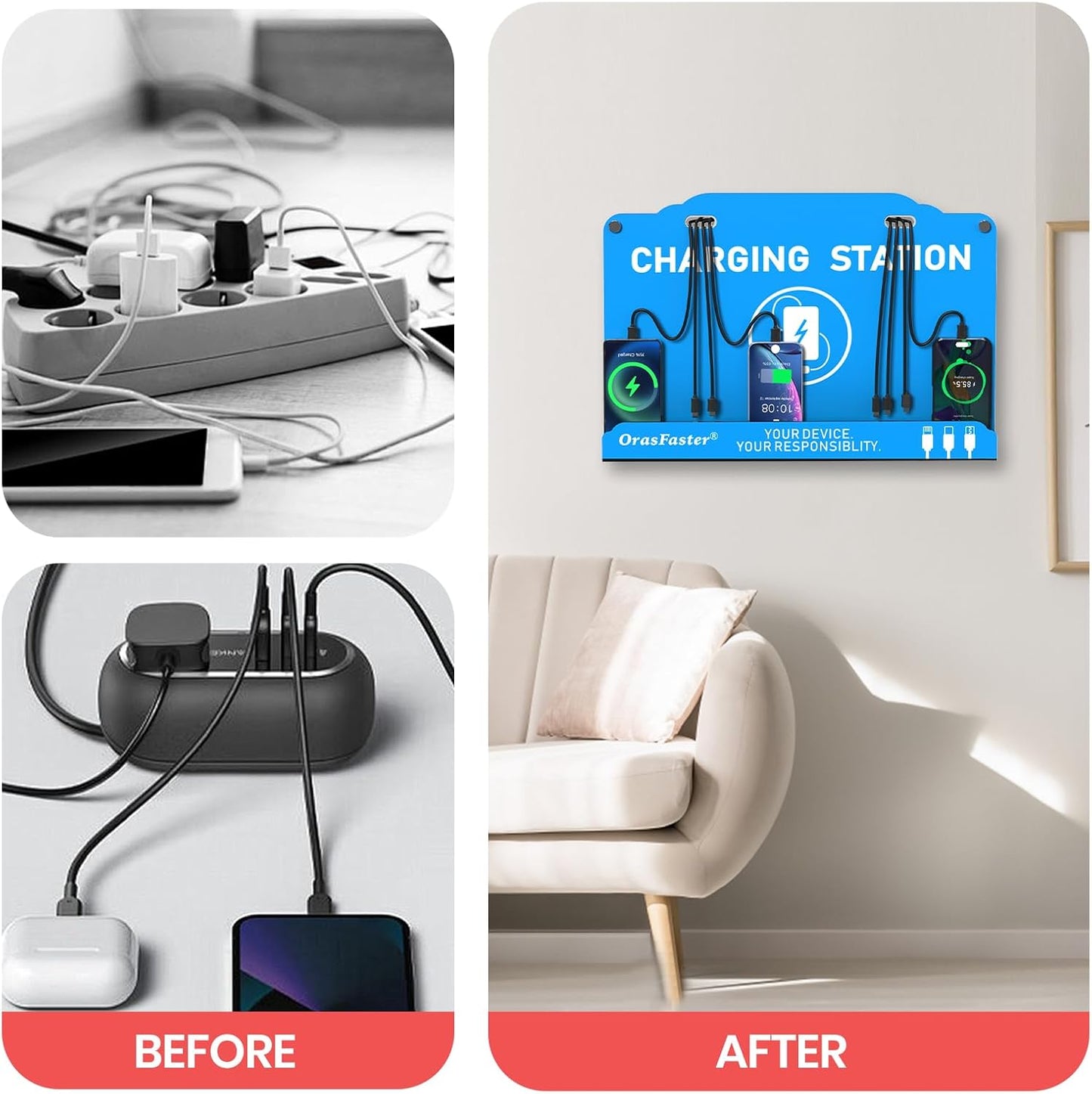 Wall Mounted Cell Phone Charging Station | Multi-Device Station with 8 Port Charging Dock | Application for Library, Hotel,Office,Hotels, Hospitals