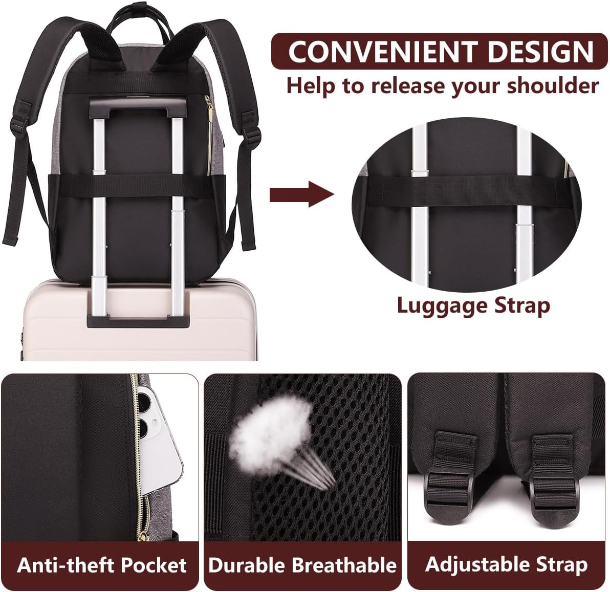 Laptop Backpack for Women Work Bag: College Backpacks 17.3 Inch with USB Charger School Book Bag Travel Computer Back Pack Casual Bookbags for Girls Teacher Black Grey