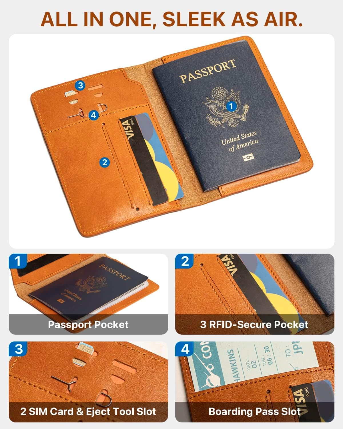 Passport Holder for Travel, Genuine Leather Passport Holder with AirTag Slot, RFID Passport Cover for Airport Essentials, Travel Wallet, Travel Must Haves Gifts