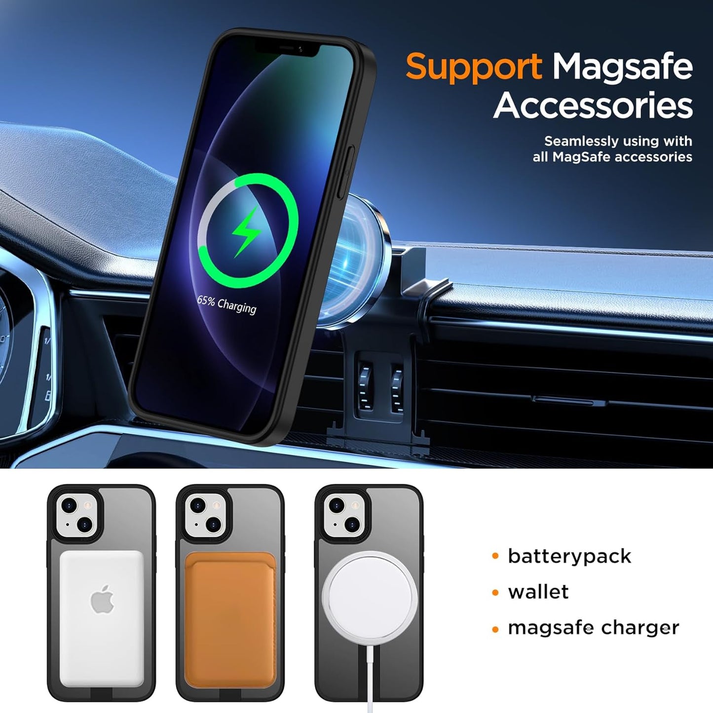 for iPhone 14 Case with Kickstand, Compatible with MagSafe, [Invisible Stand] Anti-Slip Shockproof Military-Grade Protection, Magnetic Slim Translucent Phone Case for iPhone 14 (Black)