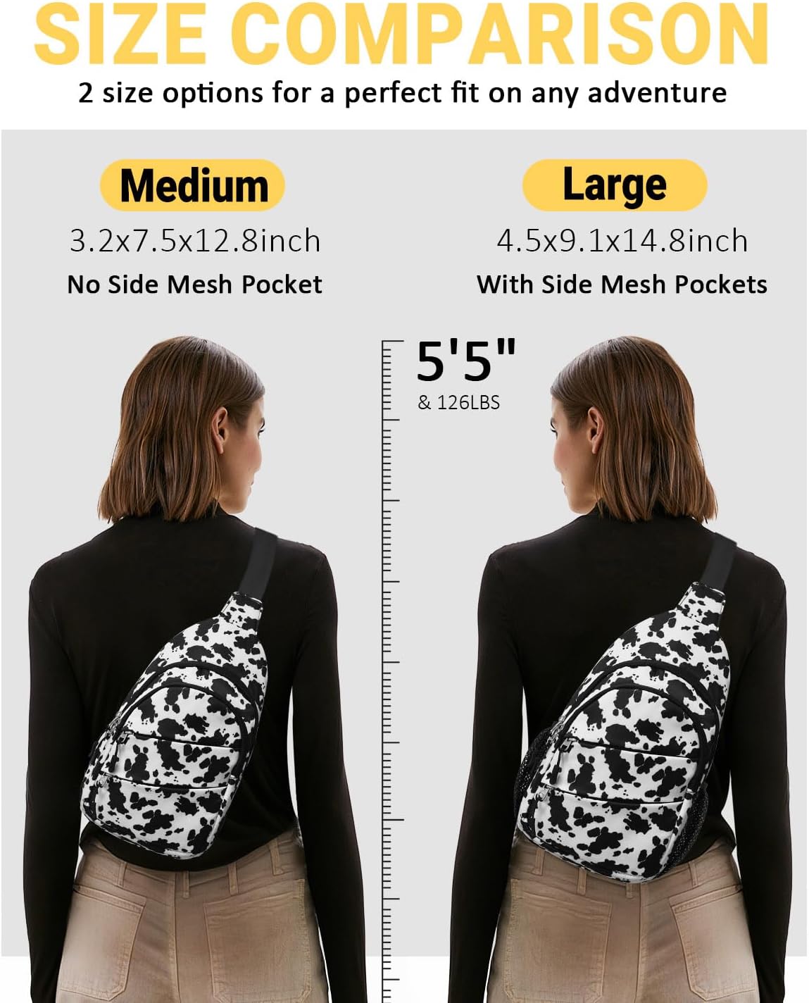 Crossbody Bags for Women, Sling Bag for Men, Small Hiking Backpack Anti Theft Lightweight for Outdoors Travel （L, Cow Print）