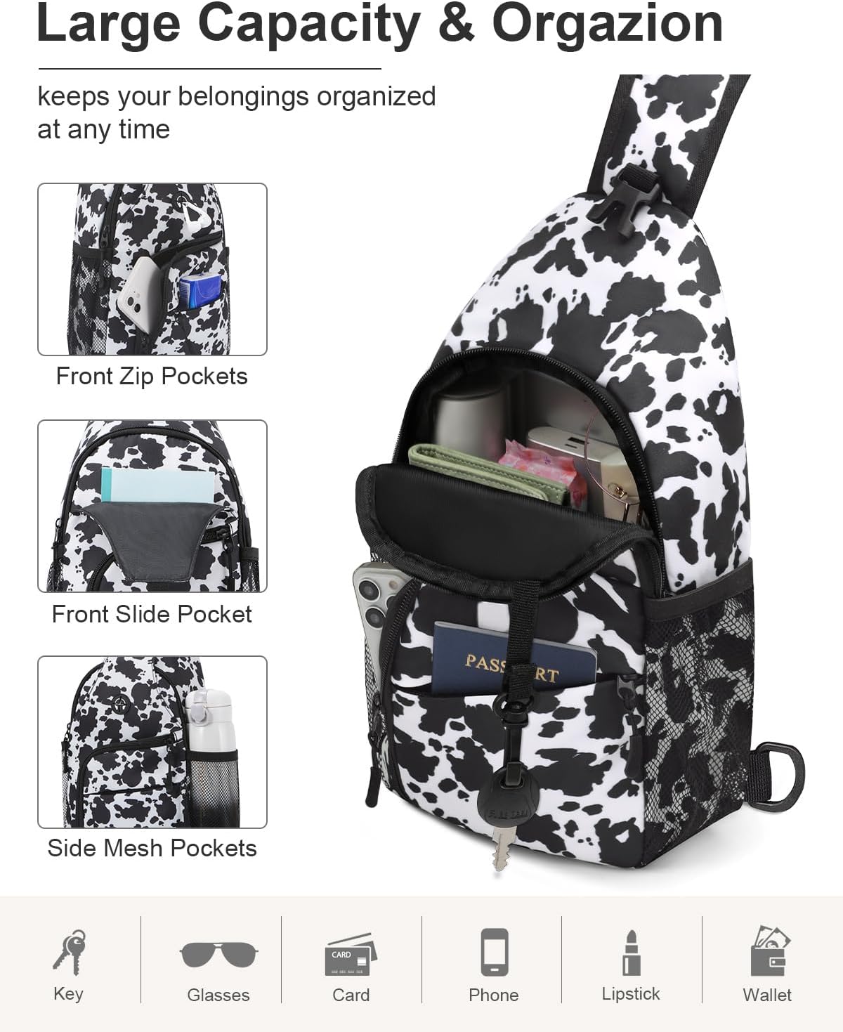 Crossbody Bags for Women Man Waterproof Sling Bag Backpack Trendy Casual Cross Body Bag with Convertible Shoulder Strap Chest Bag for Camping Hiking Travel Essentials (Cow print, Large)
