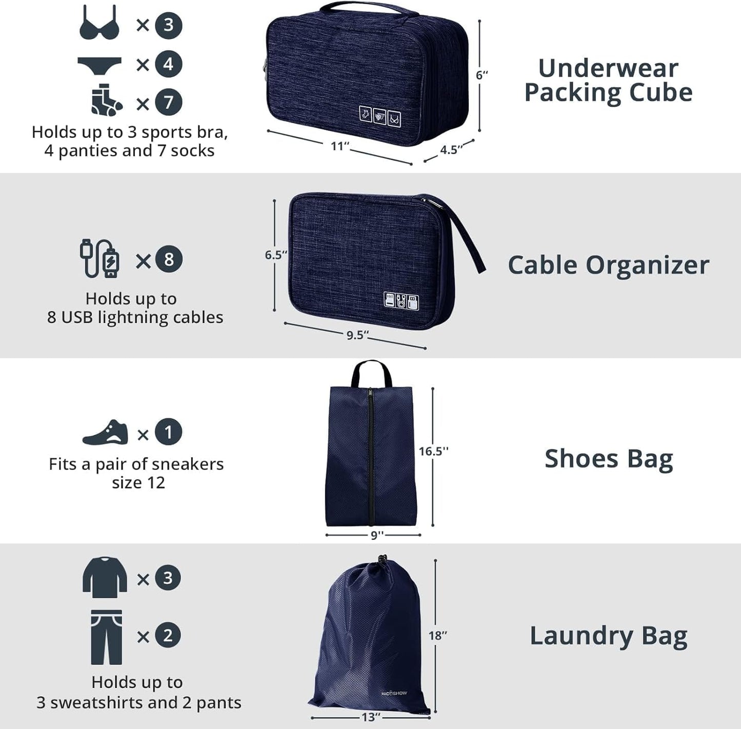 7 Set Compression Packing Cubes for Travel - Compressible, Lightweight, and Space-Saving Packing Cubes, Travel Essentials for Women, Navy