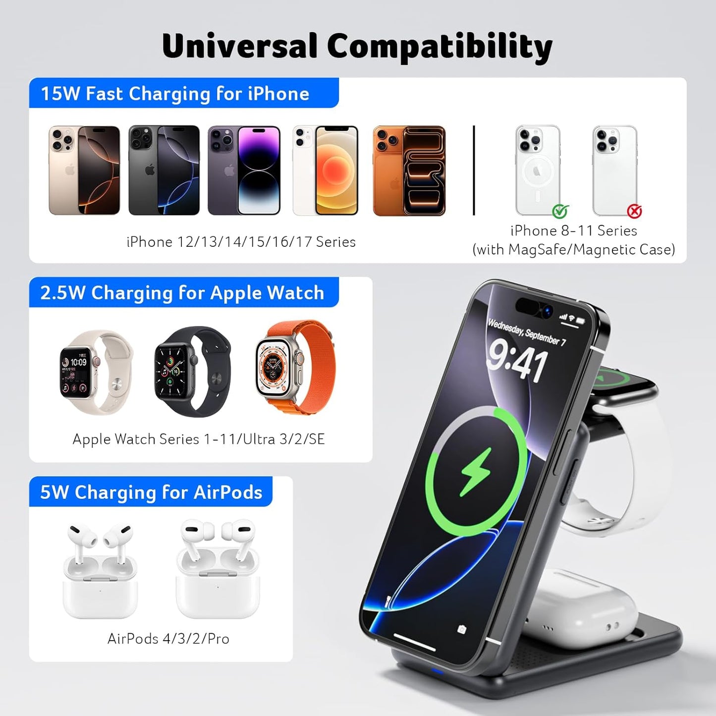 Acer 3 in 1 Charging Station for iPhone, Wireless Charger Stand,15W Fast MagSafe Charger for iPhone 17 16 15 14 13 12 Series-Apple Watch 10 9 8 7 6 5 4 3 2 SE and Ultra Series-Airpods 4 3 2 Pro Series