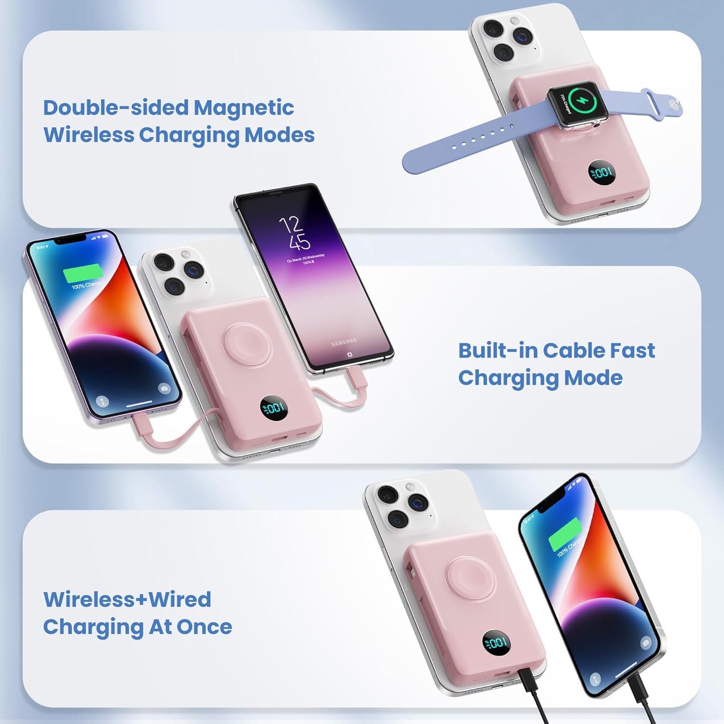 Magnetic Portable Charger for iPhone with Built-in Cables, 6-in-1 10800mAh Power Bank with iWatch Charger & LCD Display,25W Fast Charging Battery Pack for iPhone 17/16/15/14/13/12,Apple Watch (Pink)