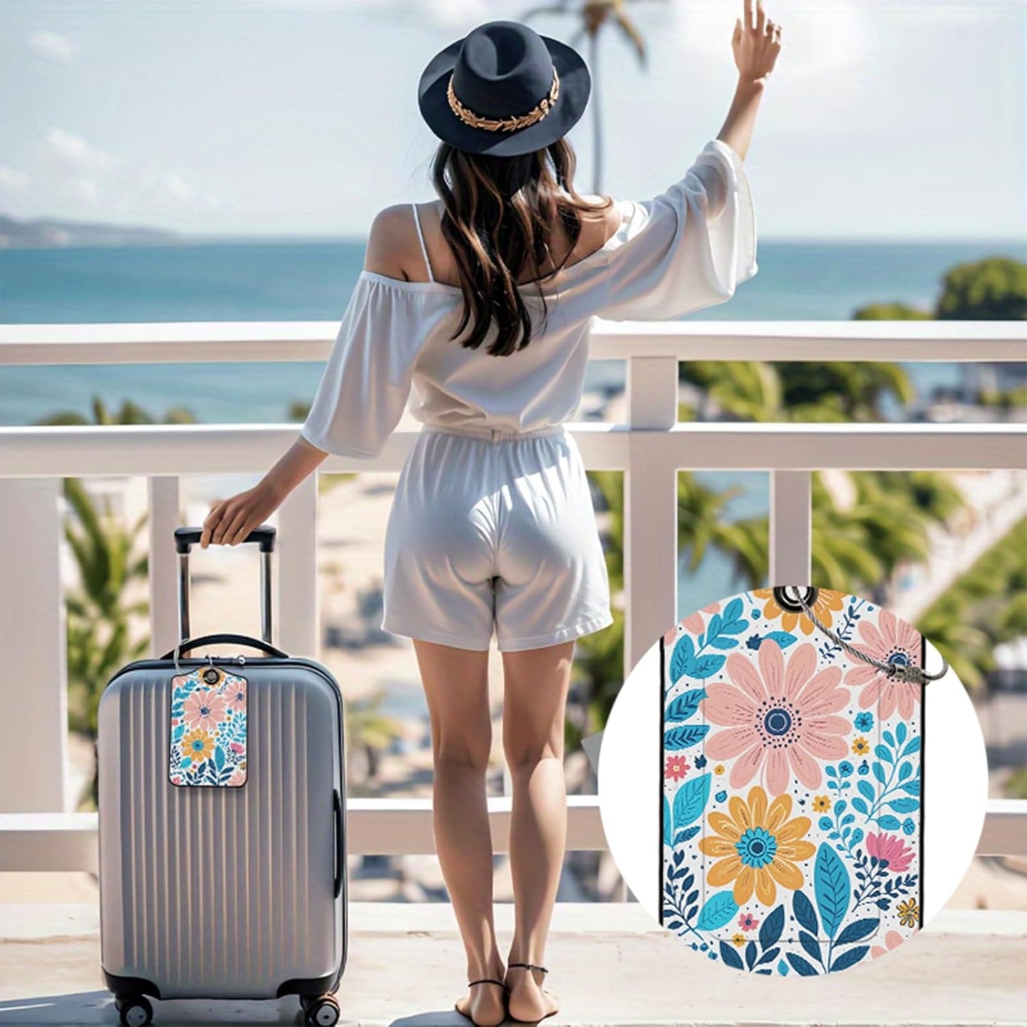 2 Pack Flowers Leather Luggage Tags for Suitcases, Travel Bag Tags with Privacy Cover ID Label with Stainless Steel Loop for Women Men Girls Backpack Gift (Pink Yellow)