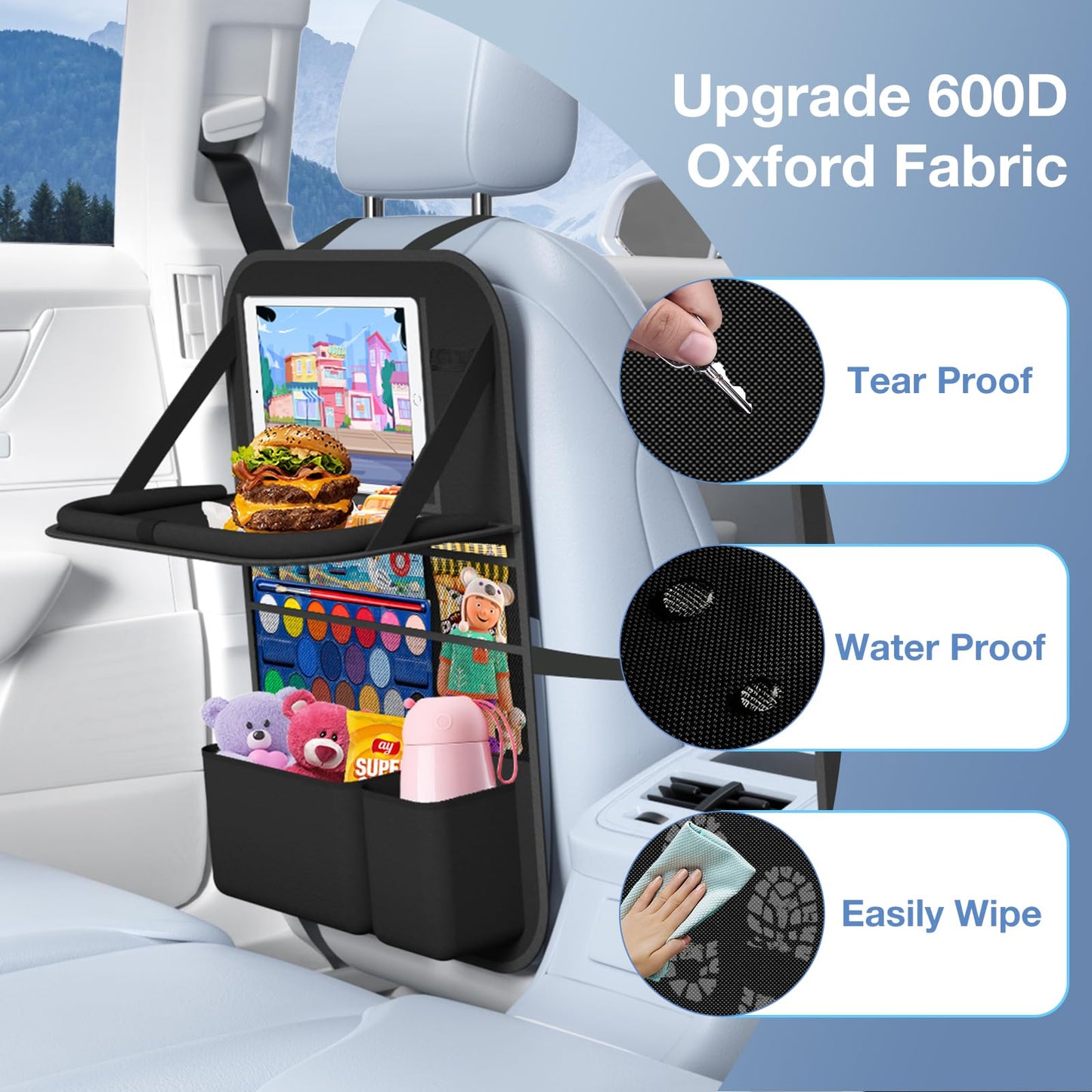 Oneyus Car Backseat Organizer with Table Tray(2-Pack) 9 Storage Pockets Backseat Car Organizer and