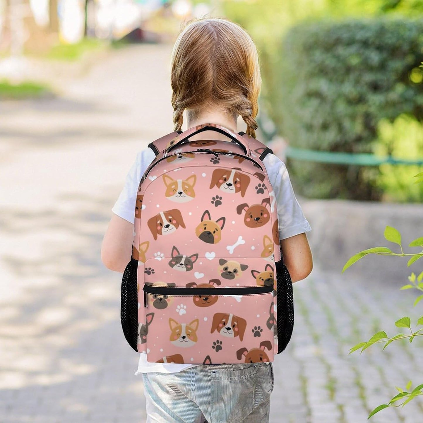 Dog Backpacks for Kids, Large Capacity Backpack for School, Cute Pink Doggy Print Lightweight Bookbag for Boys & Girls