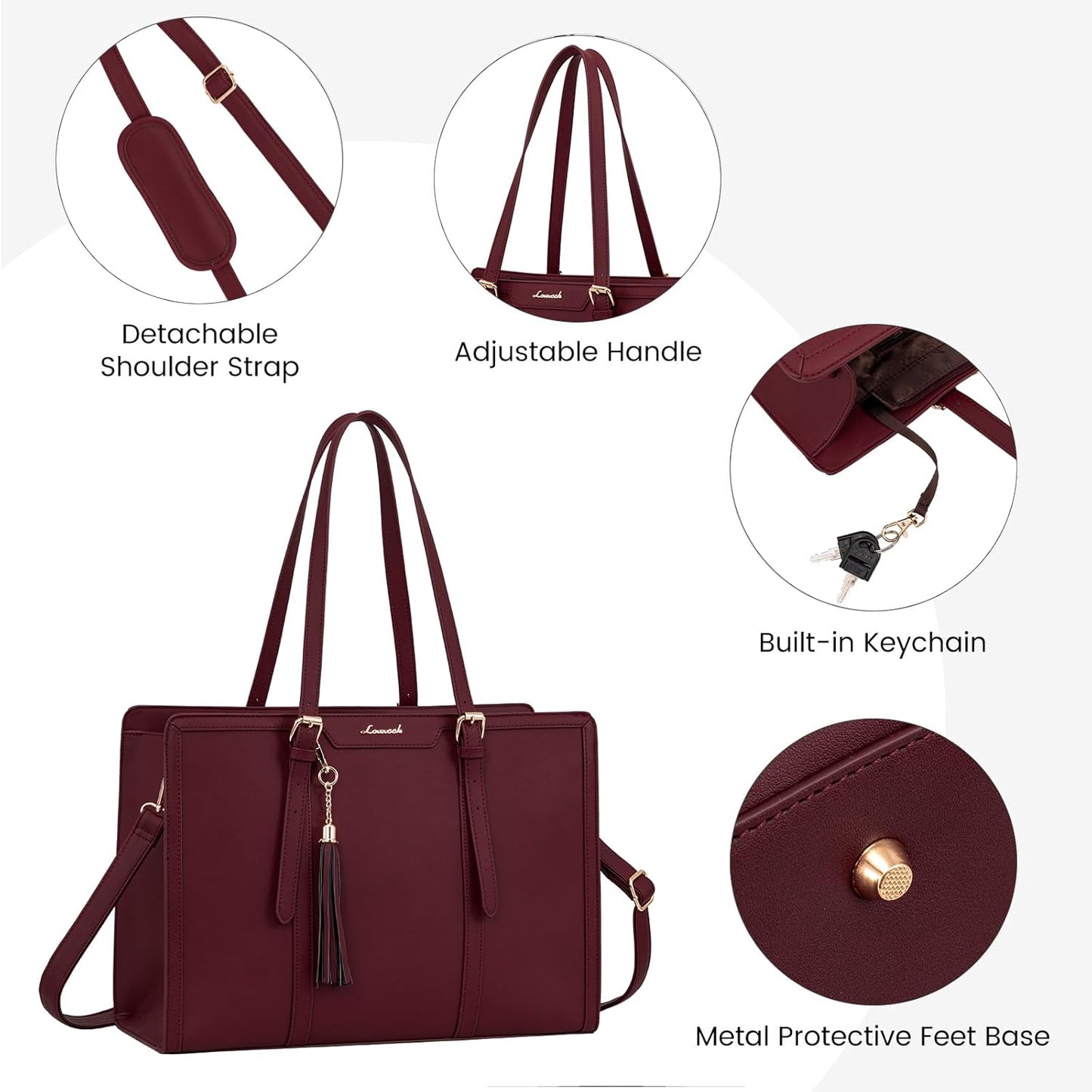 LOVEVOOK Laptop Tote for Women - 15.6 inch Lightweight PU Laptop Bag, Large Capacity Computer Bag with Clutch Purse for Business, Work, Office, Travel, Claret