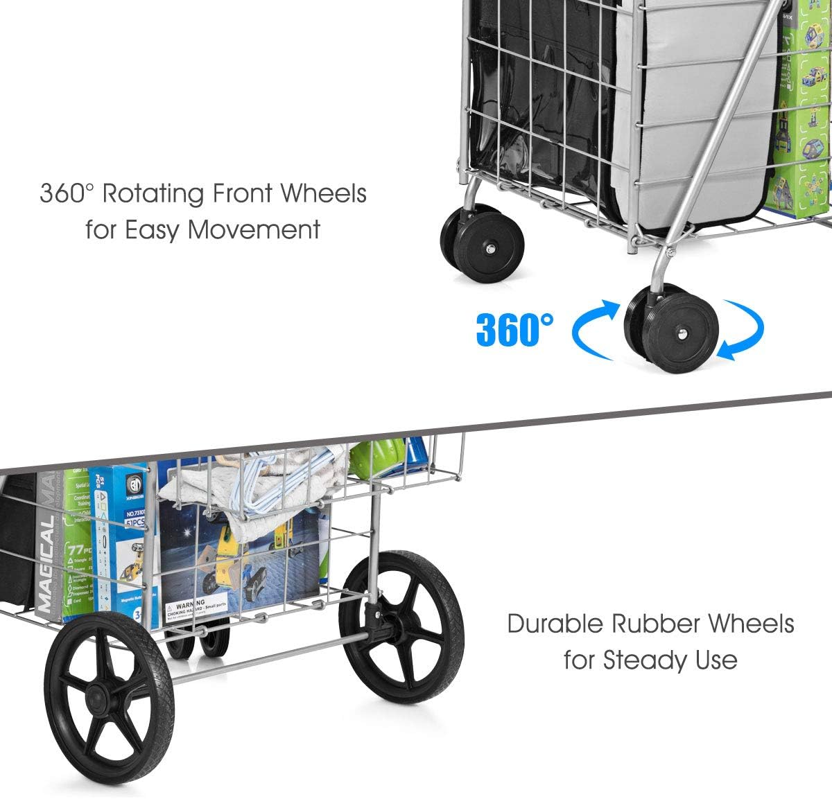 Goplus Jumbo Folding Shopping Cart with Rolling Swivel Wheels, Foldable Grocery Cart on Wheels with Double Basket, Heavy Duty Utility Cart, Shopping Carts for Groceries Laundry Book Luggage Travel