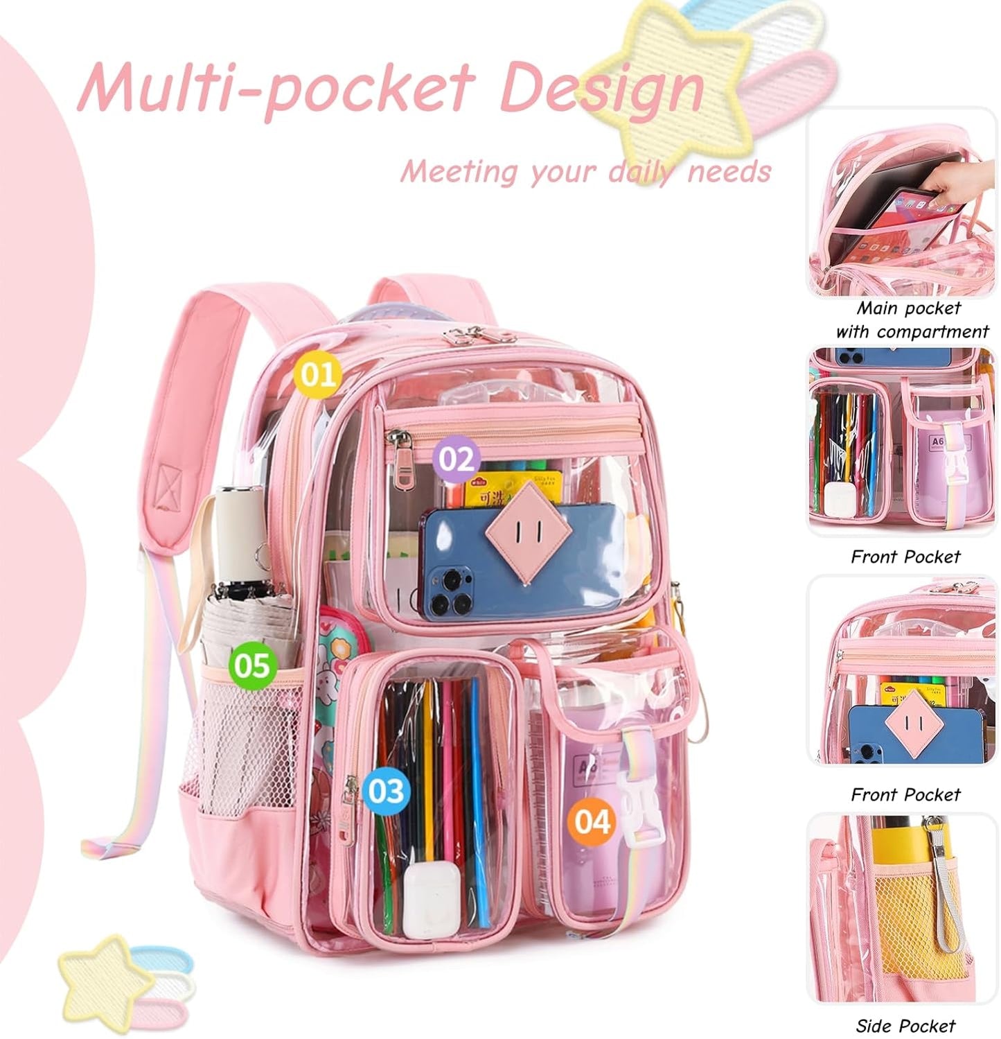 Clear Backpack for Girls Large Heavy Duty Transparent Bookbag for Middle School Kids Travel Daypacks