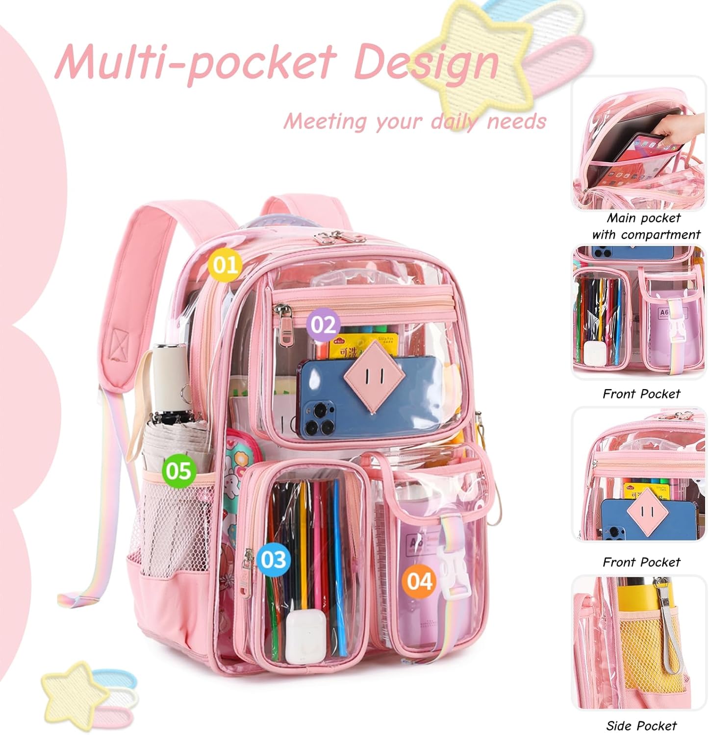 Clear Backpack for Girls Large Heavy Duty Transparent Bookbag for Middle School Kids Travel Daypacks