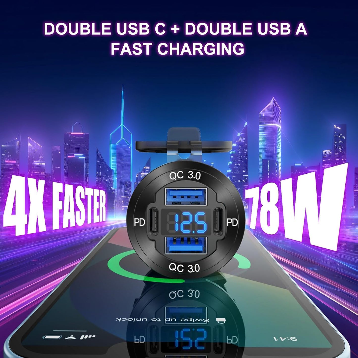 Upgraded 4 Port 12V USB Outlet Aluminum Charger, 78W Dual PD & QC Multiple USB Port for Car, USB C Cigarette Lighter Replacement 12 Volt Socket with Voltmeter Waterproof for Marine Boat Motorcycle RV
