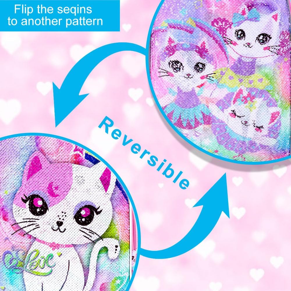 UFNDC 3PCS Backpack for Girls with Lunch Box,16”Kids Sequin Bookbag with Lunch Box, School Bag for