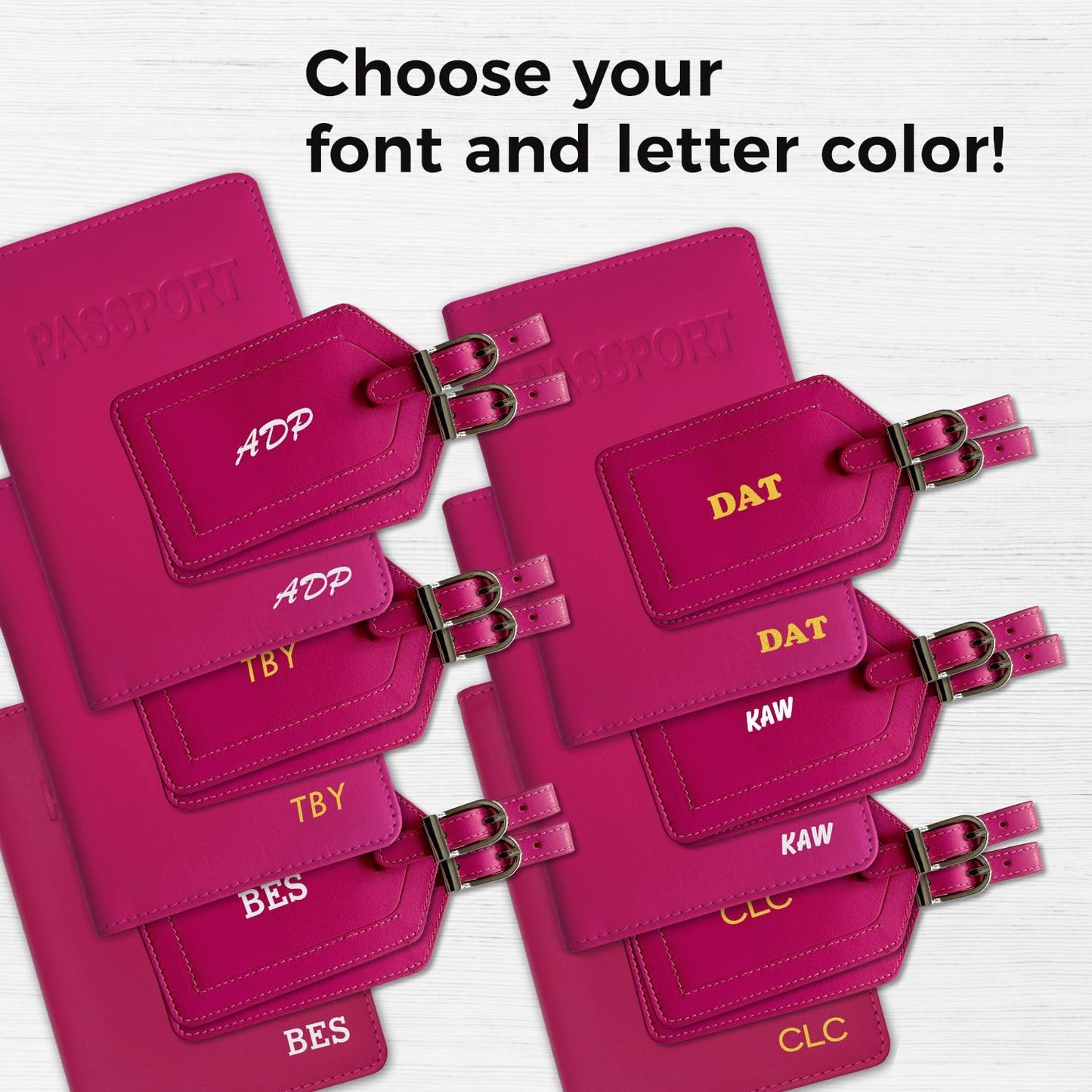 Personalized Monogrammed Bright Pink Leather RFID Passport Cover Holder and 2 Luggage Tags