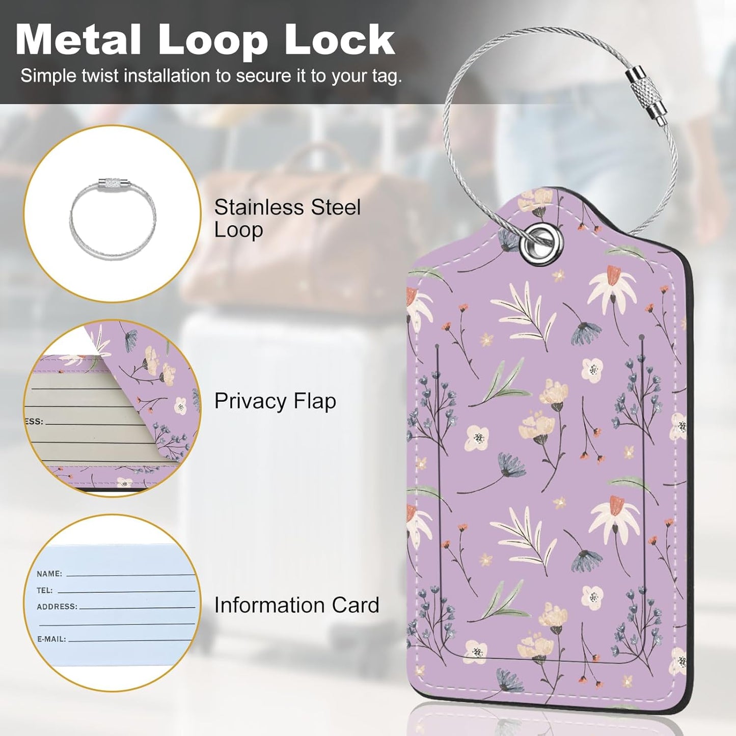 2Pack Luggage Tags for Suitcases, Cute Unique Pu Leather Cruise Luggage Tag with Privacy Cover ID Label Address Card and Metal Ring Suitable for Women Men Kids Travel Bag Purple Crush
