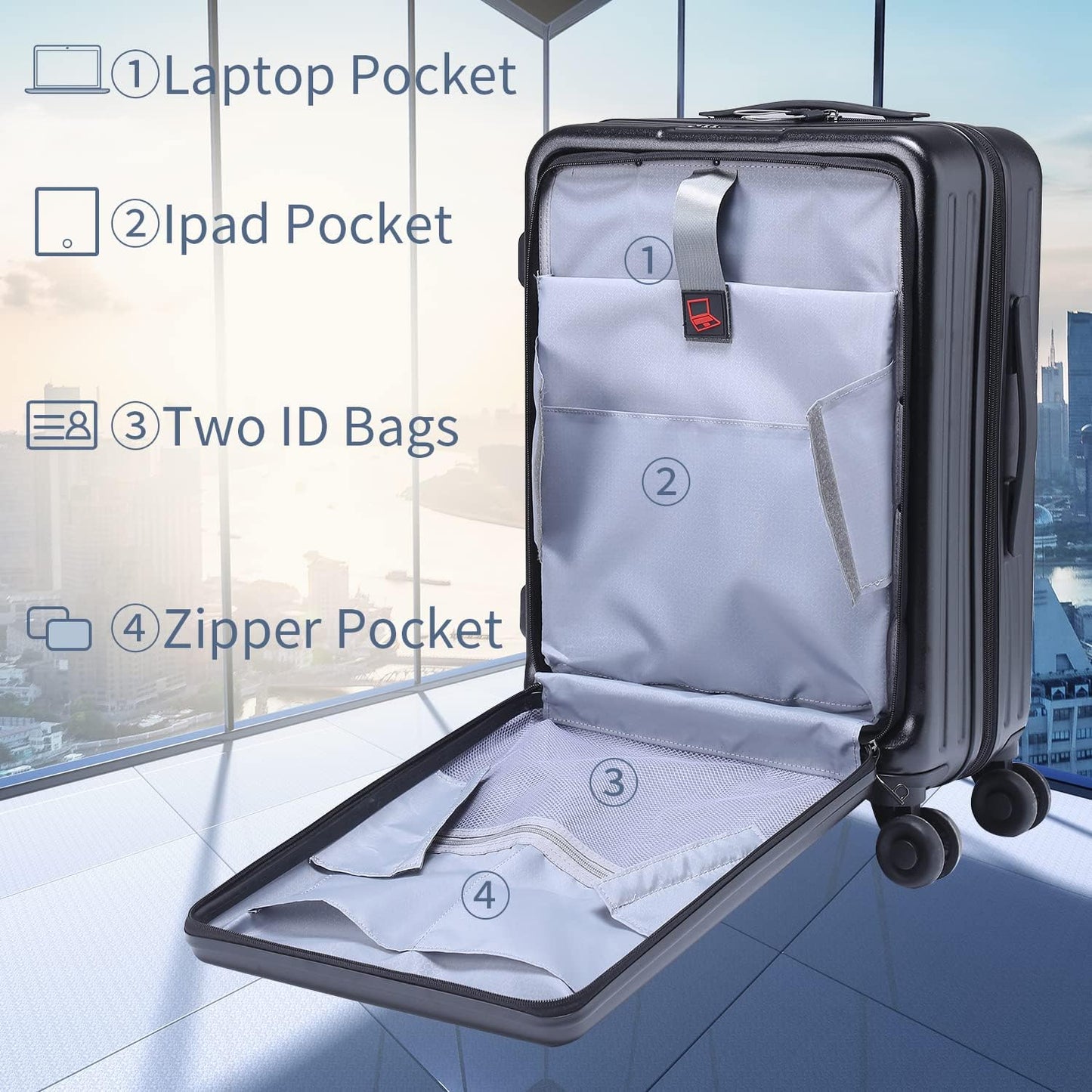 TydeCkare 20 Inch Luggage Carry On with Front Compartment, 22x14.6x10in, 45L, Lightweight ABS+PC Hardshell Suitcase with TSA Lock, YKK Zipper & 4 Spinner Silent Wheels, Black