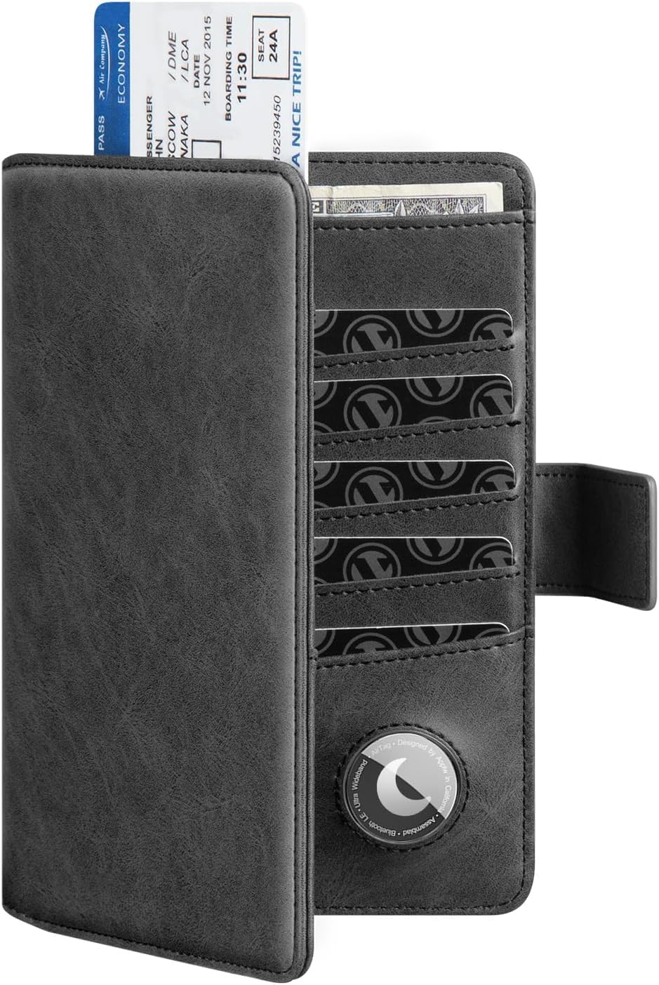 Real Leather Wallet Airtag Compatible RFID Bifold Travel Card Holder Black (Black)