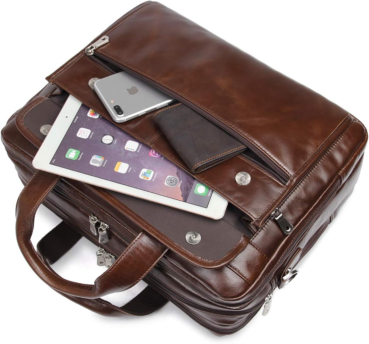 Augus Genuine Leather Mens Briefcase businessTravel Bags 15.6 Inch Laptop Bag YKK Zipper, Coffee